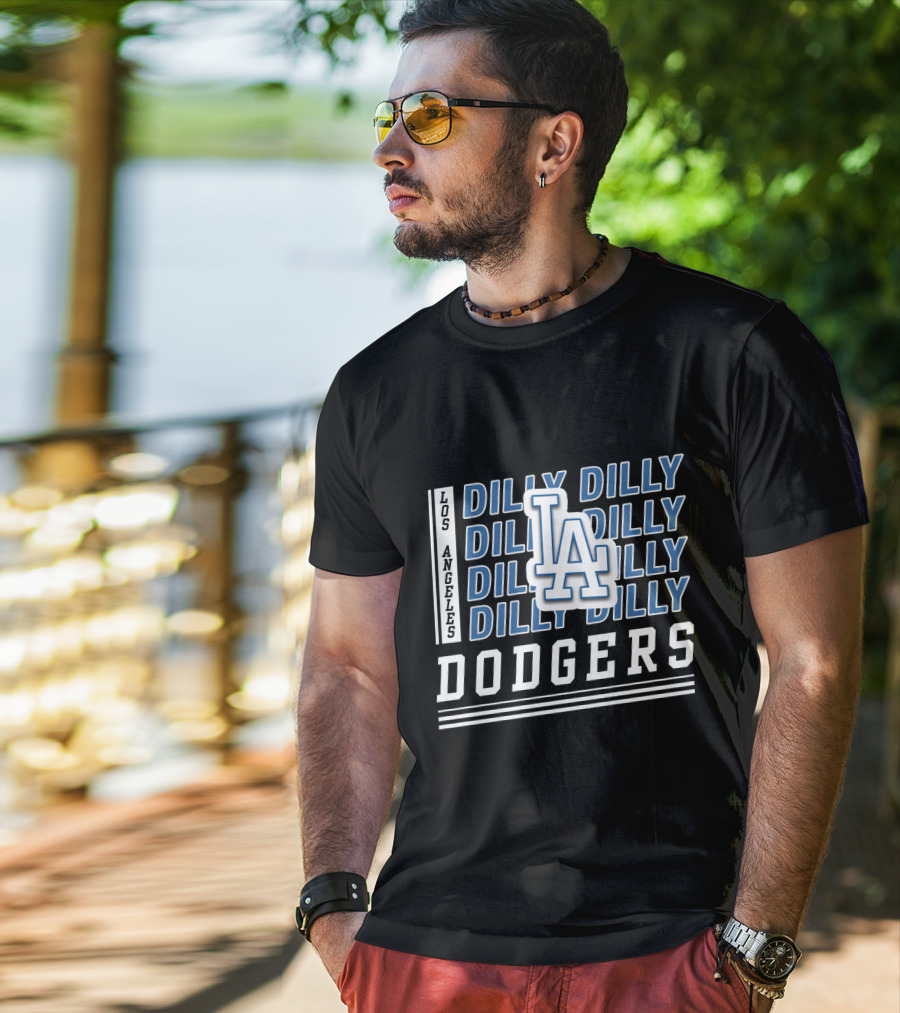 Los Angeles Dodgers Dilly Dilly LA Logo Stacked Text T-Shirt