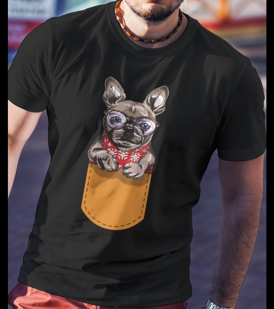 Cool Frenchie France Bulldog In Glasses With Red Scarf In Pocket T-Shirt