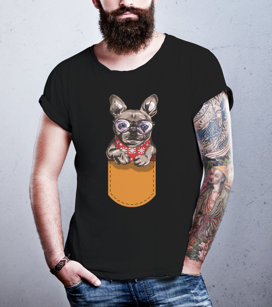Cool Frenchie France Bulldog In Glasses With Red Scarf In Pocket T-Shirt