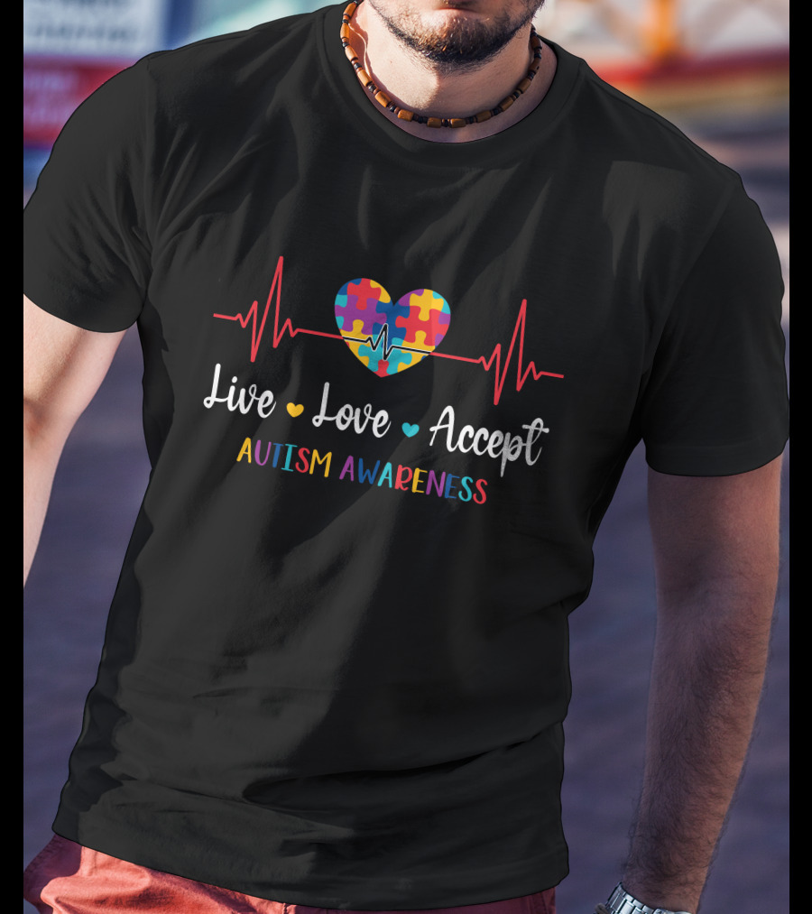Live Love Accept Heartbeat Puzzle Autism Awareness T-Shirt