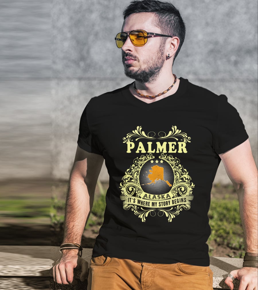 Palmer Alaska It's Where My Story Begins Map And Ornate T-Shirt