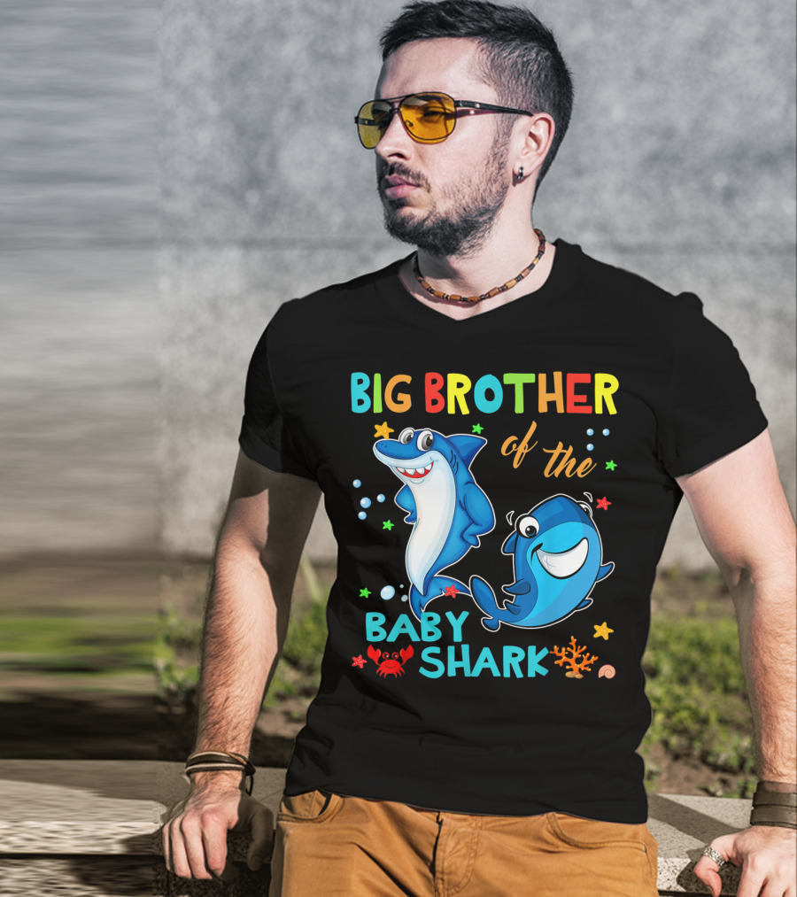 Big Brother Of The Baby Shark With Cartoon Sharks And Sea Creatures T-Shirt