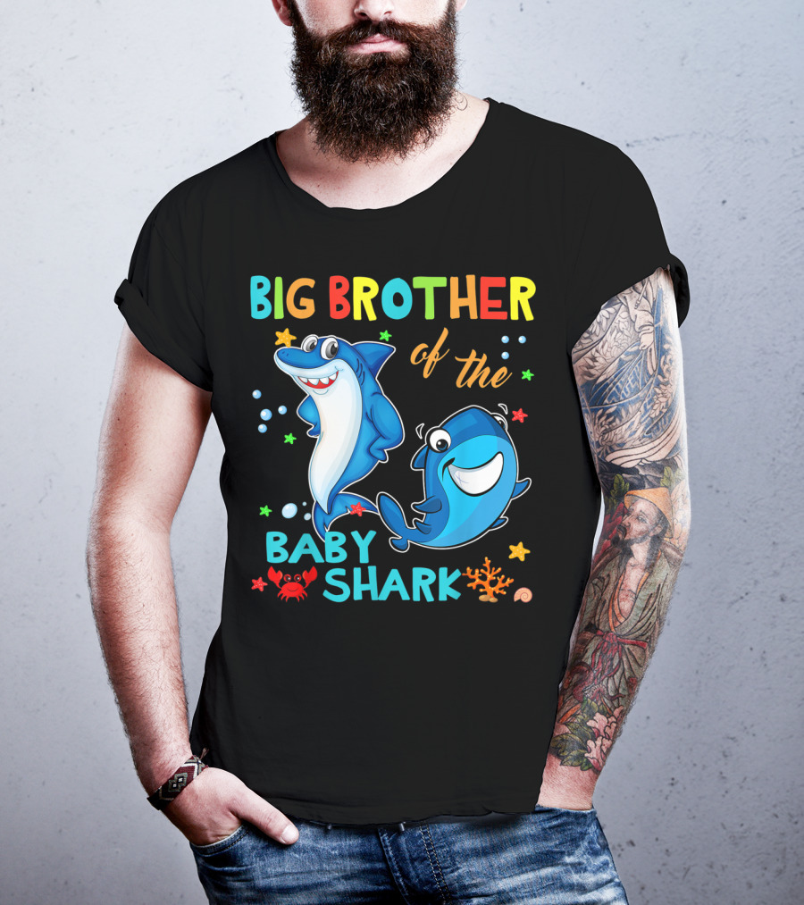 Big Brother Of The Baby Shark With Cartoon Sharks And Sea Creatures T-Shirt