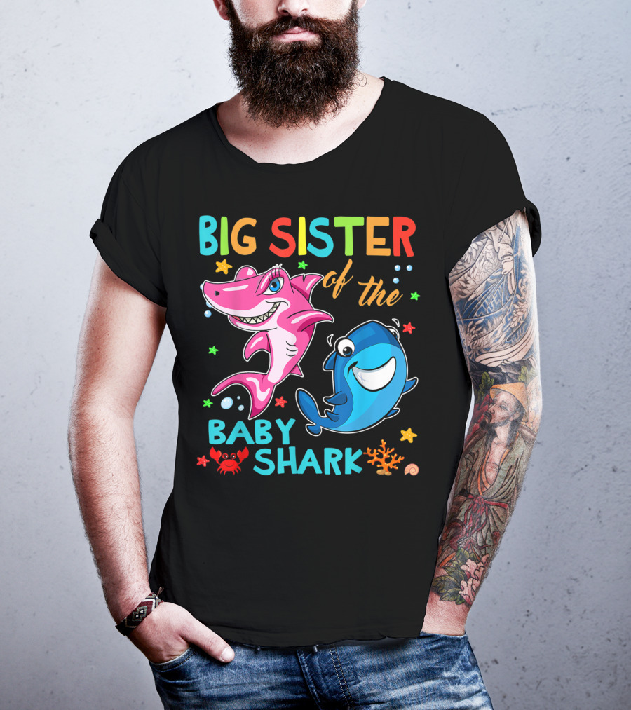 Big Sister Of The Baby Shark With Colorful Cartoon Characters And Sea Creatures T-Shirt