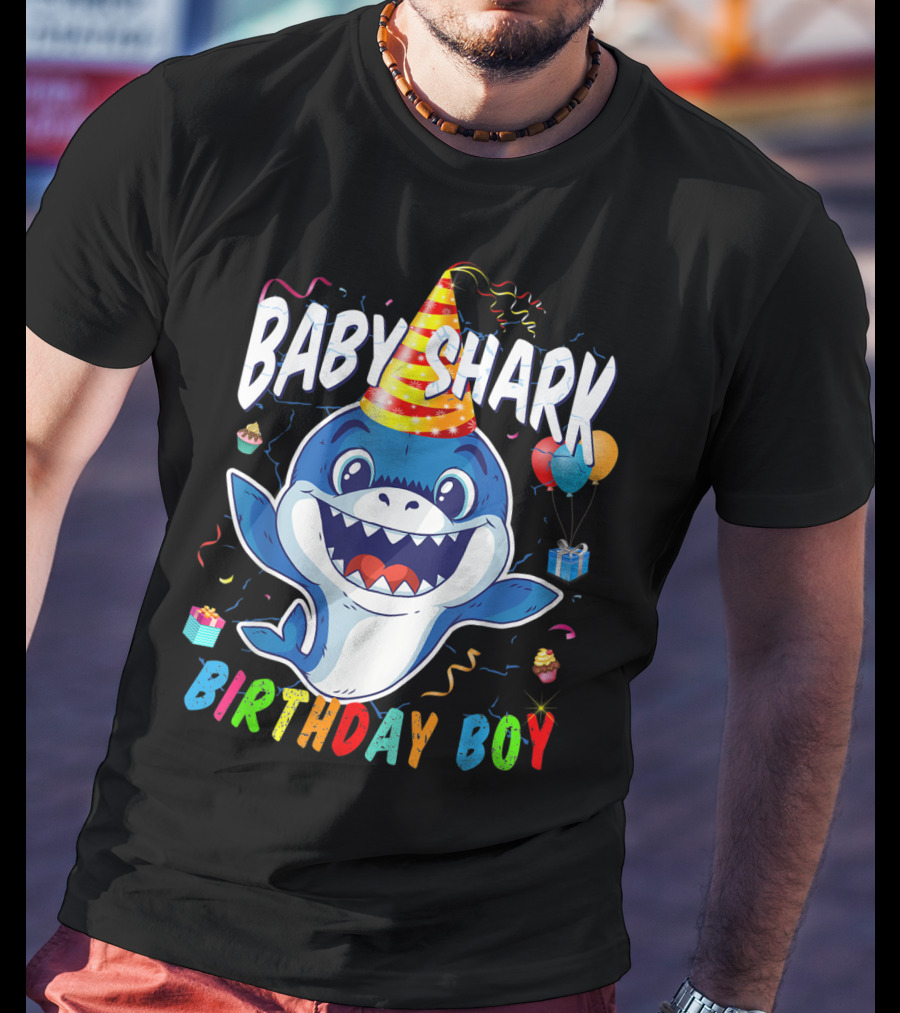 Baby Shark Birthday Boy Celebration With Party Hat And Balloons T-Shirt