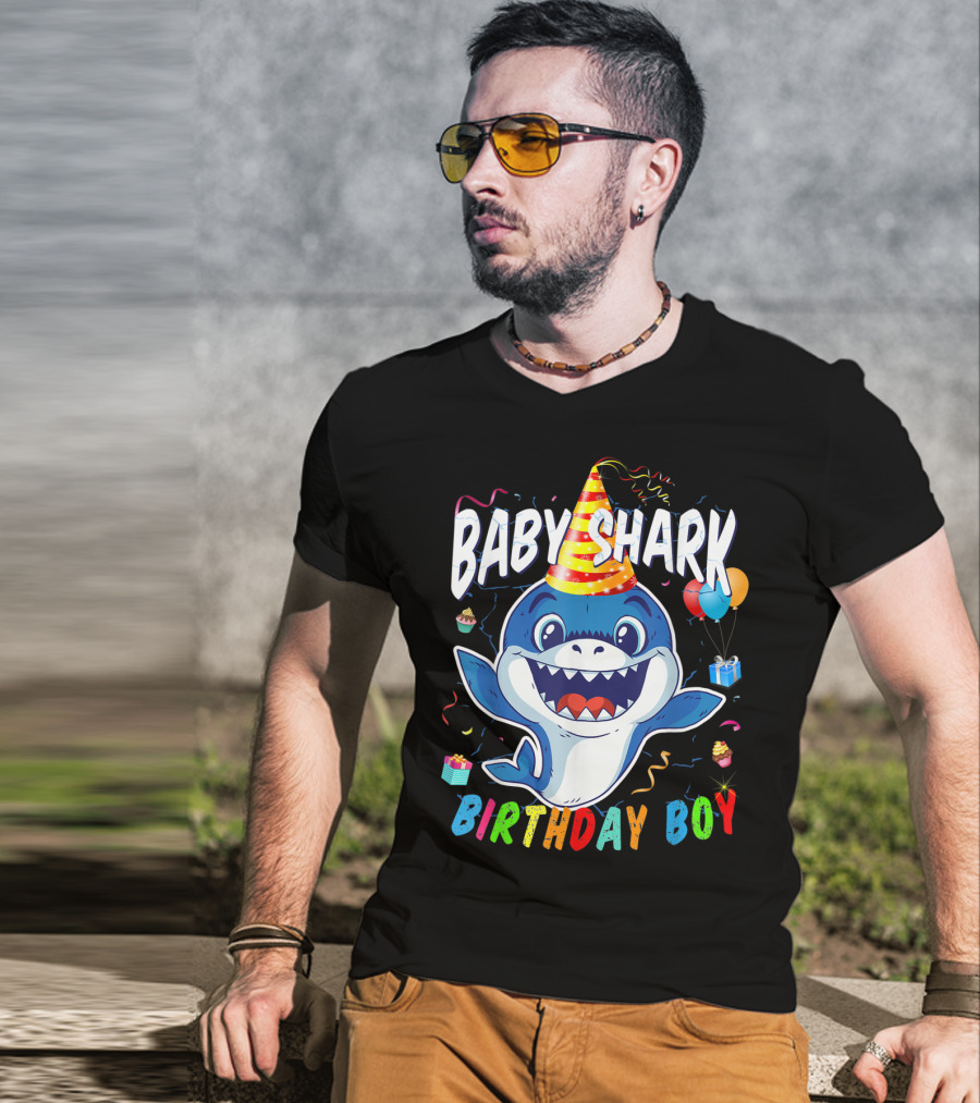 Baby Shark Birthday Boy Celebration With Party Hat And Balloons T-Shirt