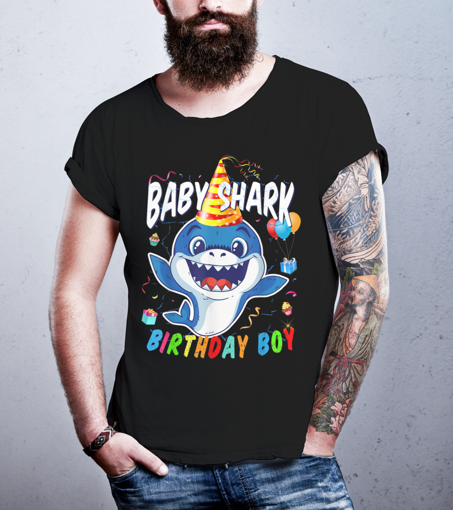 Baby Shark Birthday Boy Celebration With Party Hat And Balloons T-Shirt