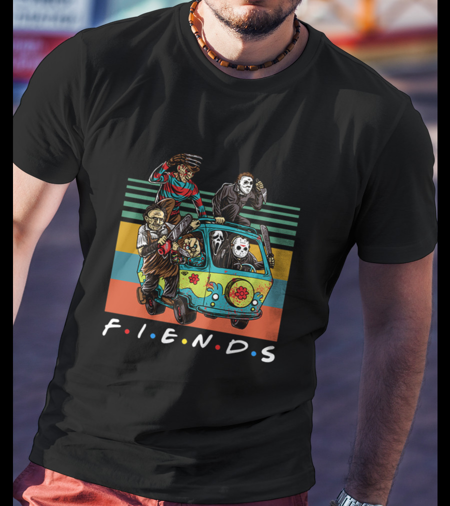 Fiends TV Show Horror Movie Characters Parody With Freddy Jason Scream Driving Scooby-Doo Van T-Shirt