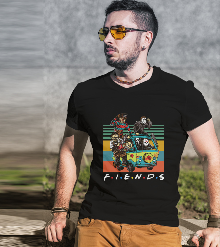 Fiends TV Show Horror Movie Characters Parody With Freddy Jason Scream Driving Scooby-Doo Van T-Shirt