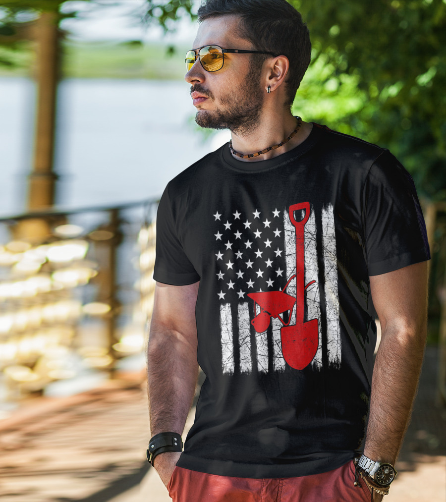 American Flag Garden Tools Wheelbarrow Shovel T-Shirt