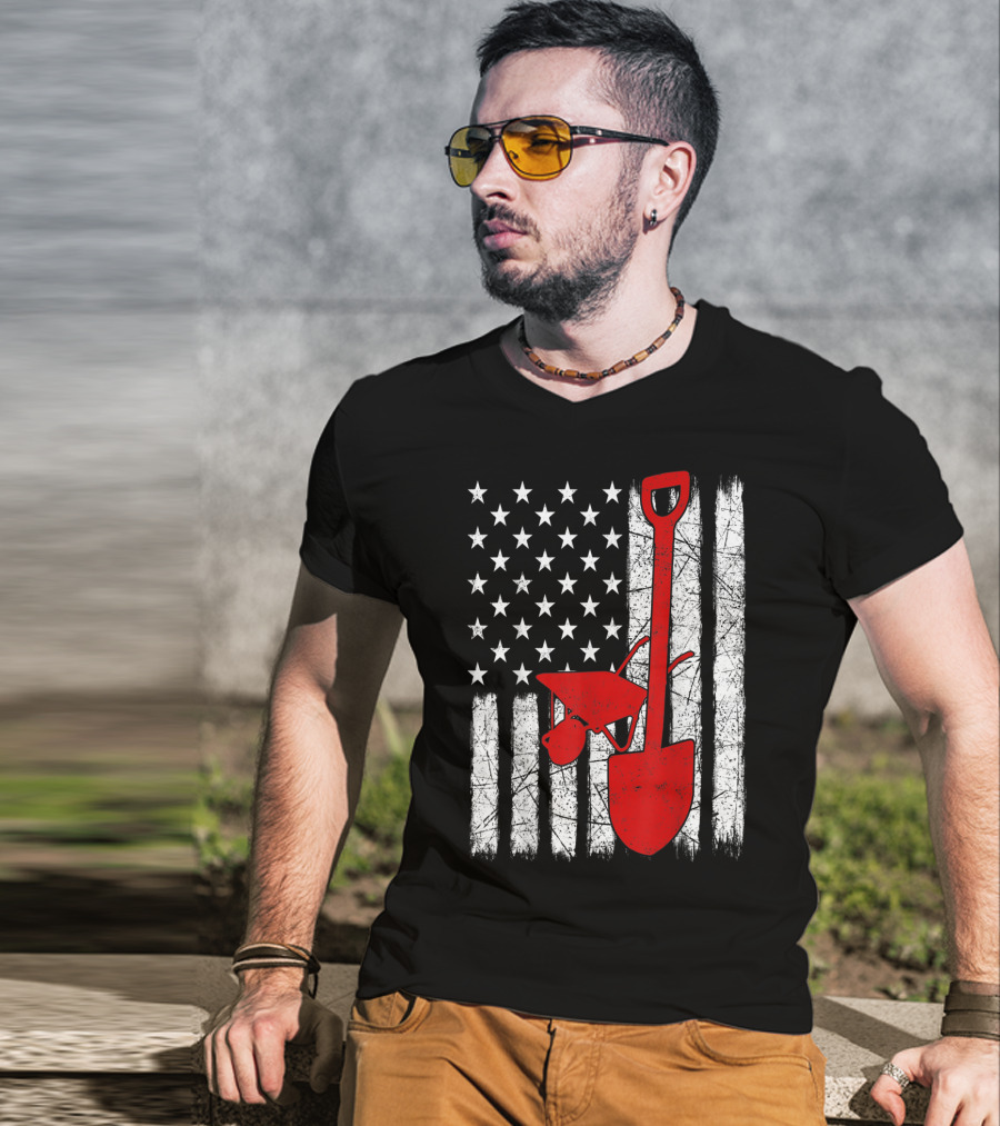 American Flag Garden Tools Wheelbarrow Shovel T-Shirt