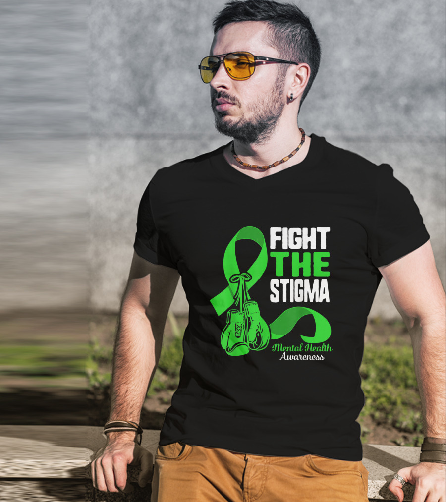 Fight The Stigma Mental Health Awareness Green Ribbon Boxing Gloves T-Shirt