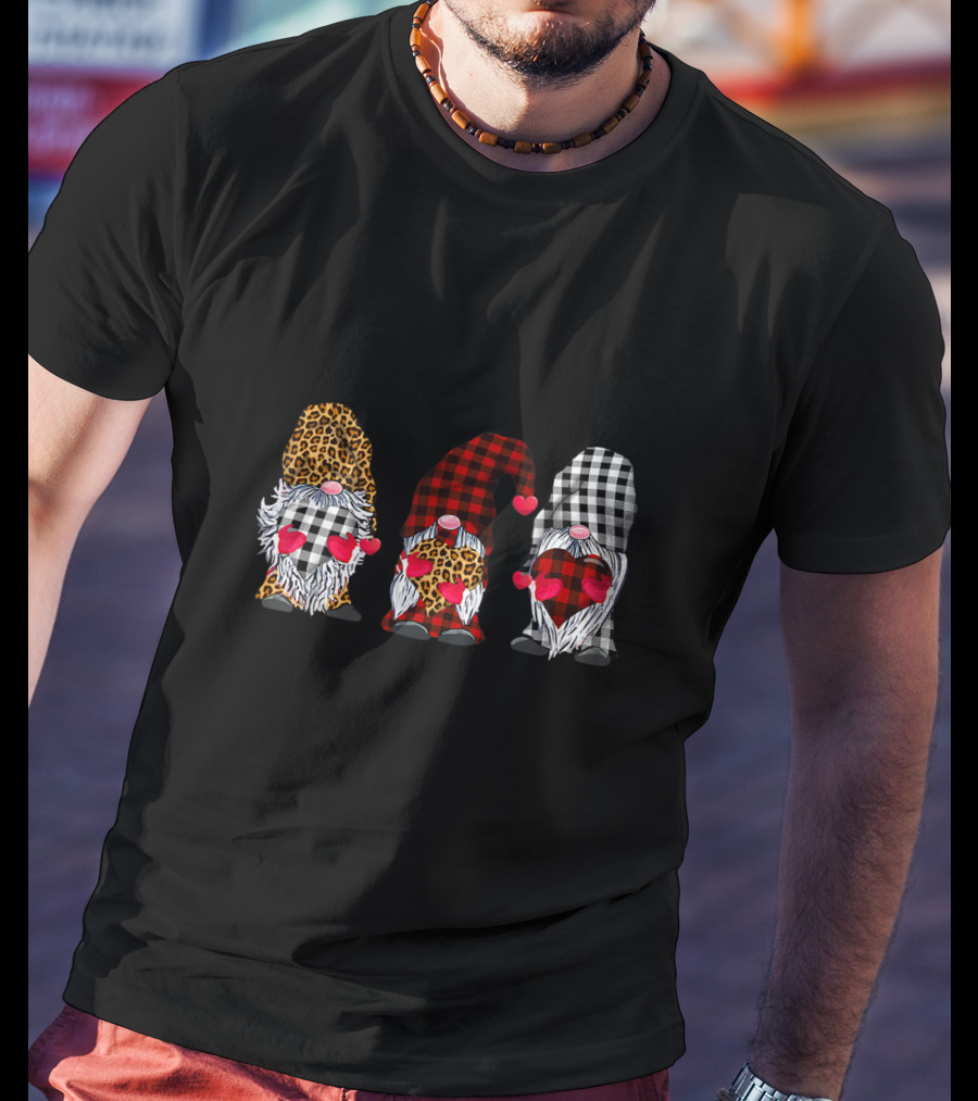 Three Gnomes Leopard Buffalo Plaid Hearts Valentines T-Shirt