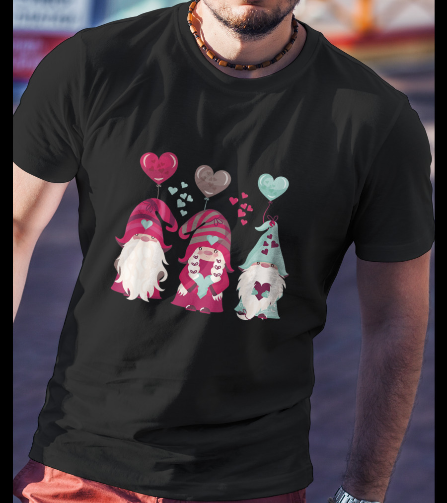 Three Gnomes With Heart Balloons Valentines T-Shirt