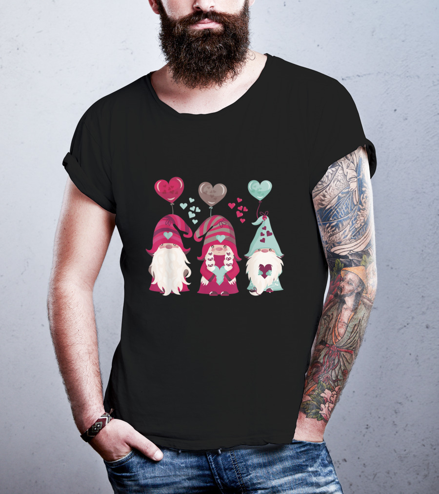 Three Gnomes With Heart Balloons Valentines T-Shirt