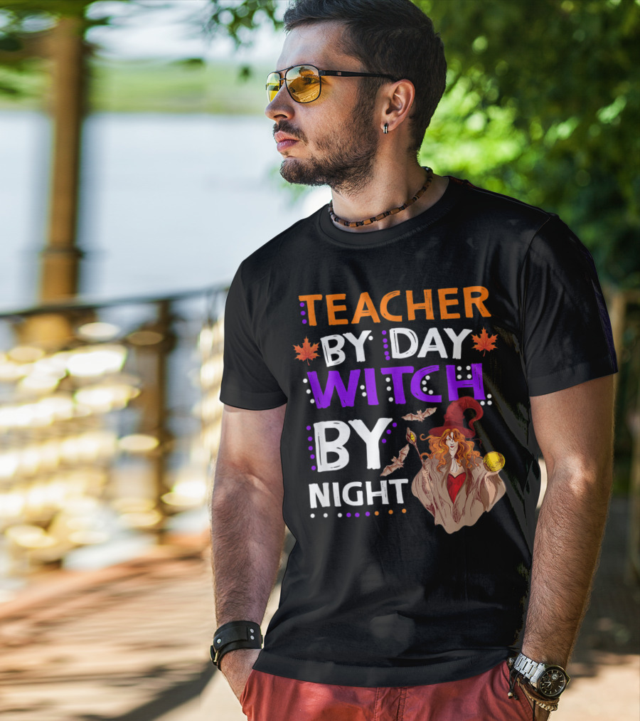 Teacher By Day Witch By Night Halloween Magic Bats Moon T-Shirt
