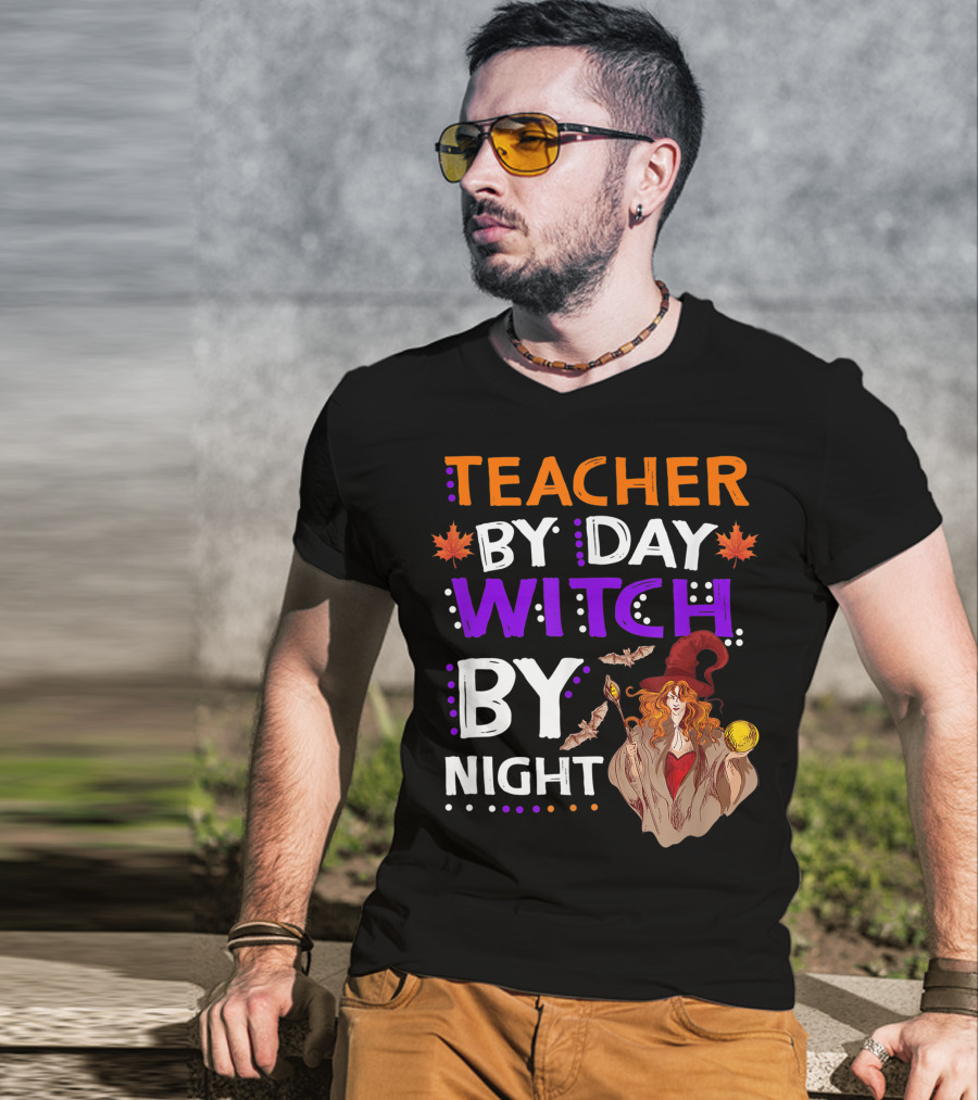 Teacher By Day Witch By Night Halloween Magic Bats Moon T-Shirt