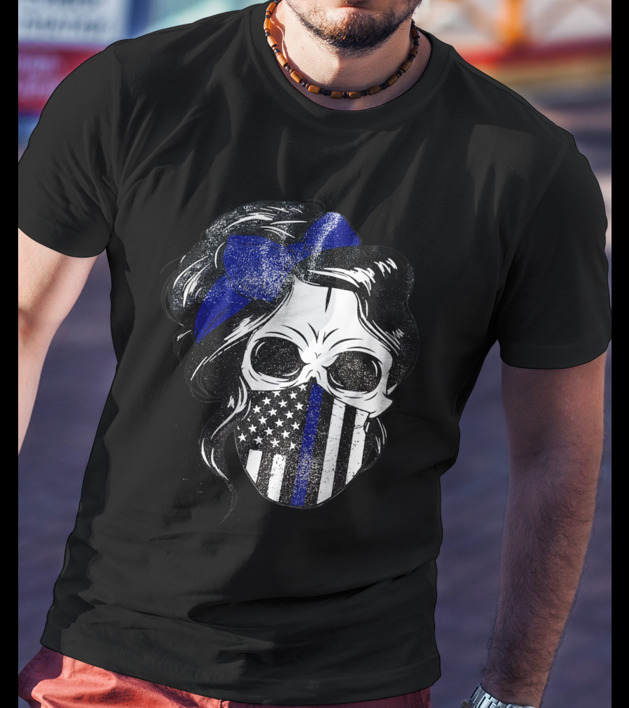 Skull Flag Blue Line Mask With Hair Bow And American T-Shirt