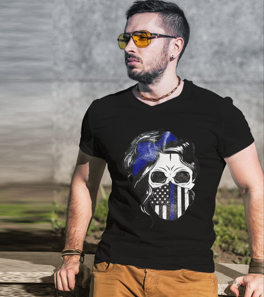 Skull Flag Blue Line Mask With Hair Bow And American T-Shirt