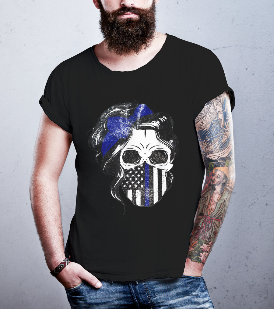 Skull Flag Blue Line Mask With Hair Bow And American T-Shirt