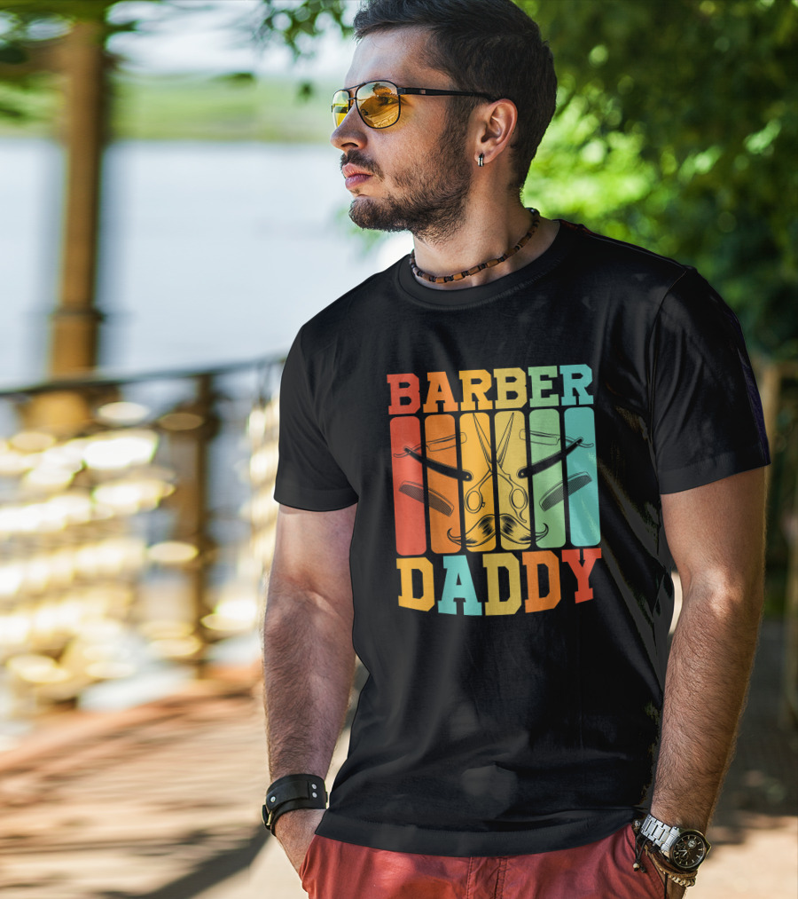 Barber Daddy Scissors And Comb Mustache Style Retro Blocks T-Shirt