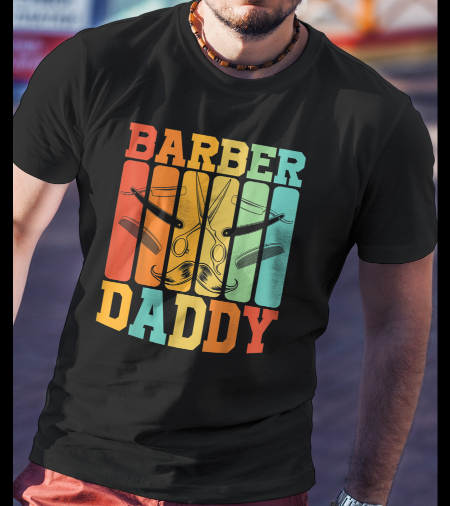 Barber Daddy Scissors And Comb Mustache Style Retro Blocks T-Shirt
