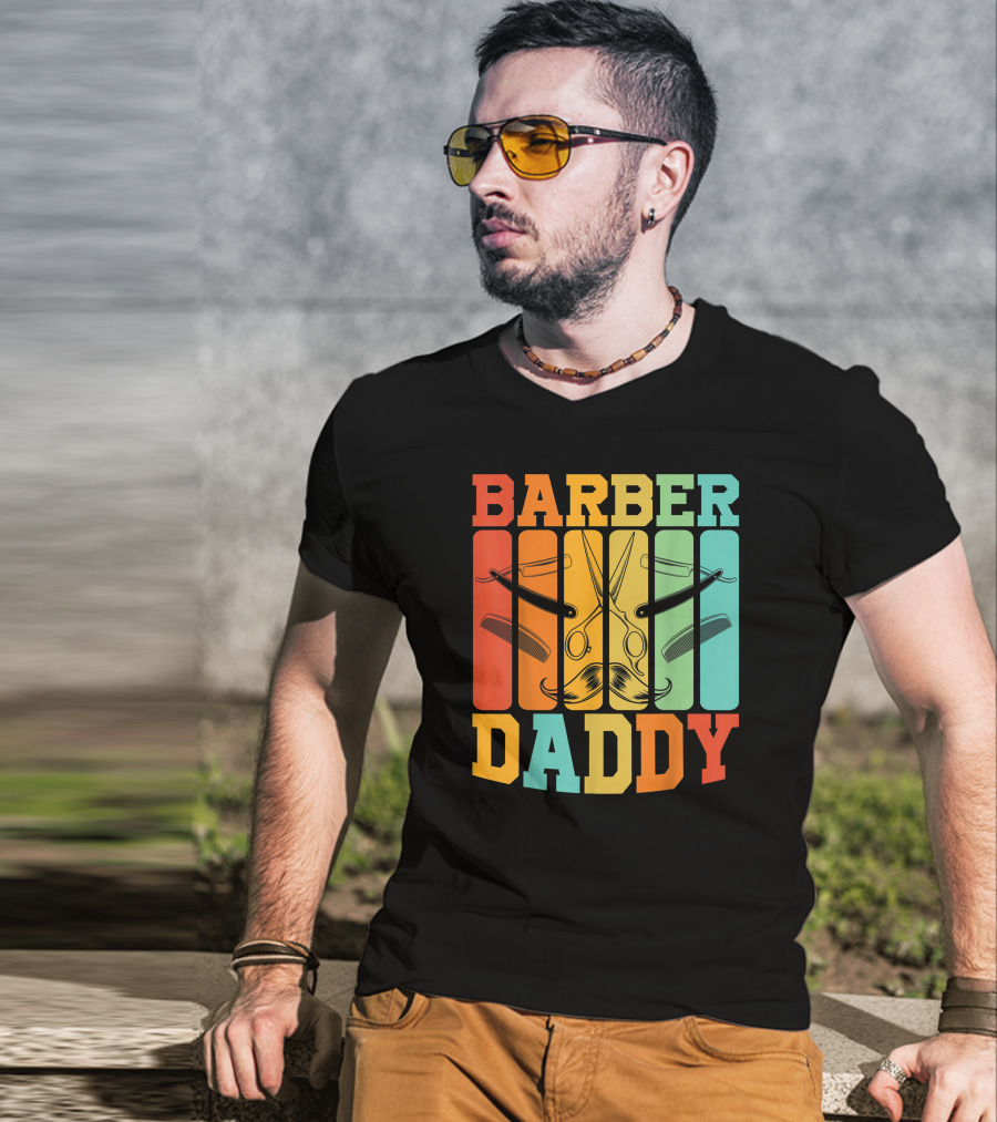 Barber Daddy Scissors And Comb Mustache Style Retro Blocks T-Shirt