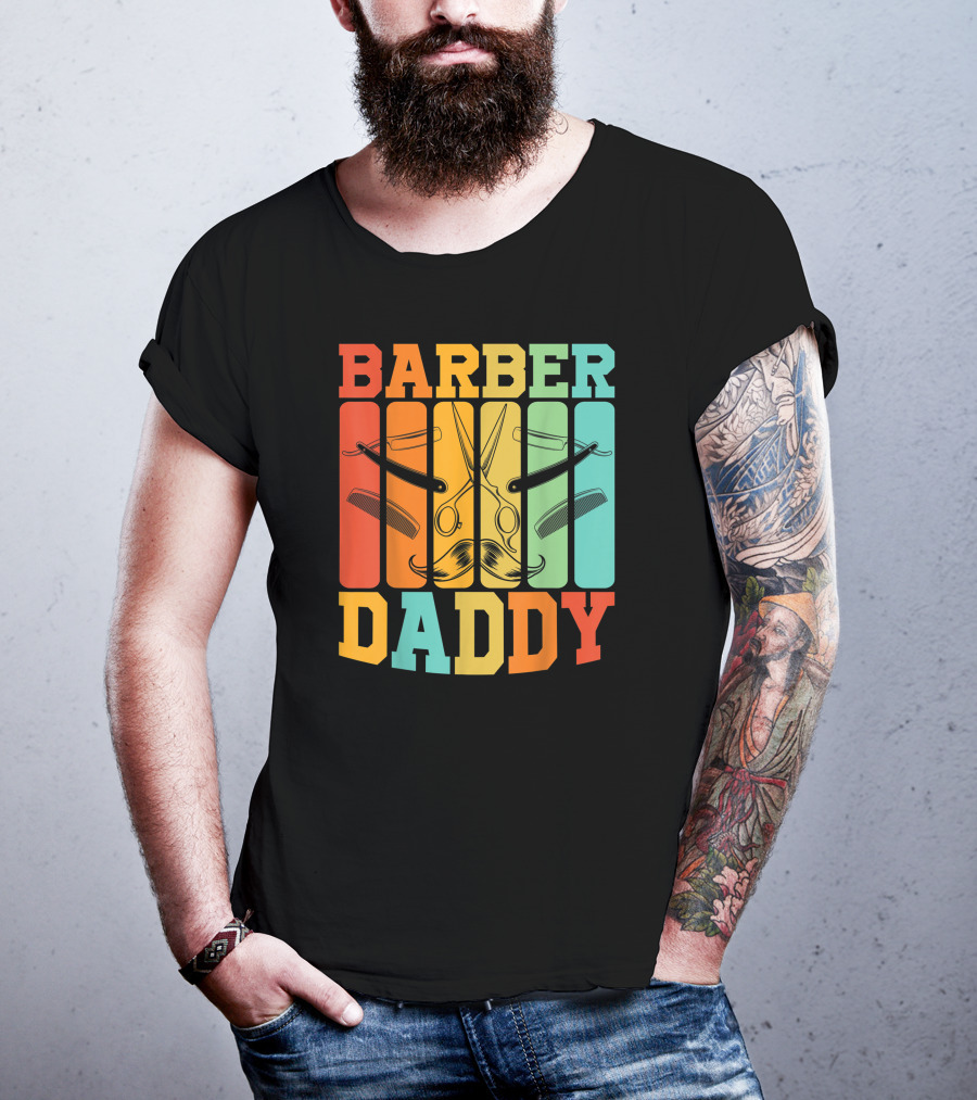 Barber Daddy Scissors And Comb Mustache Style Retro Blocks T-Shirt