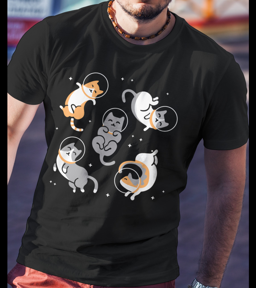 CATS IN SPACE Floating Cartoon Kittens In Astronaut Helmets Amid Stars T-Shirt