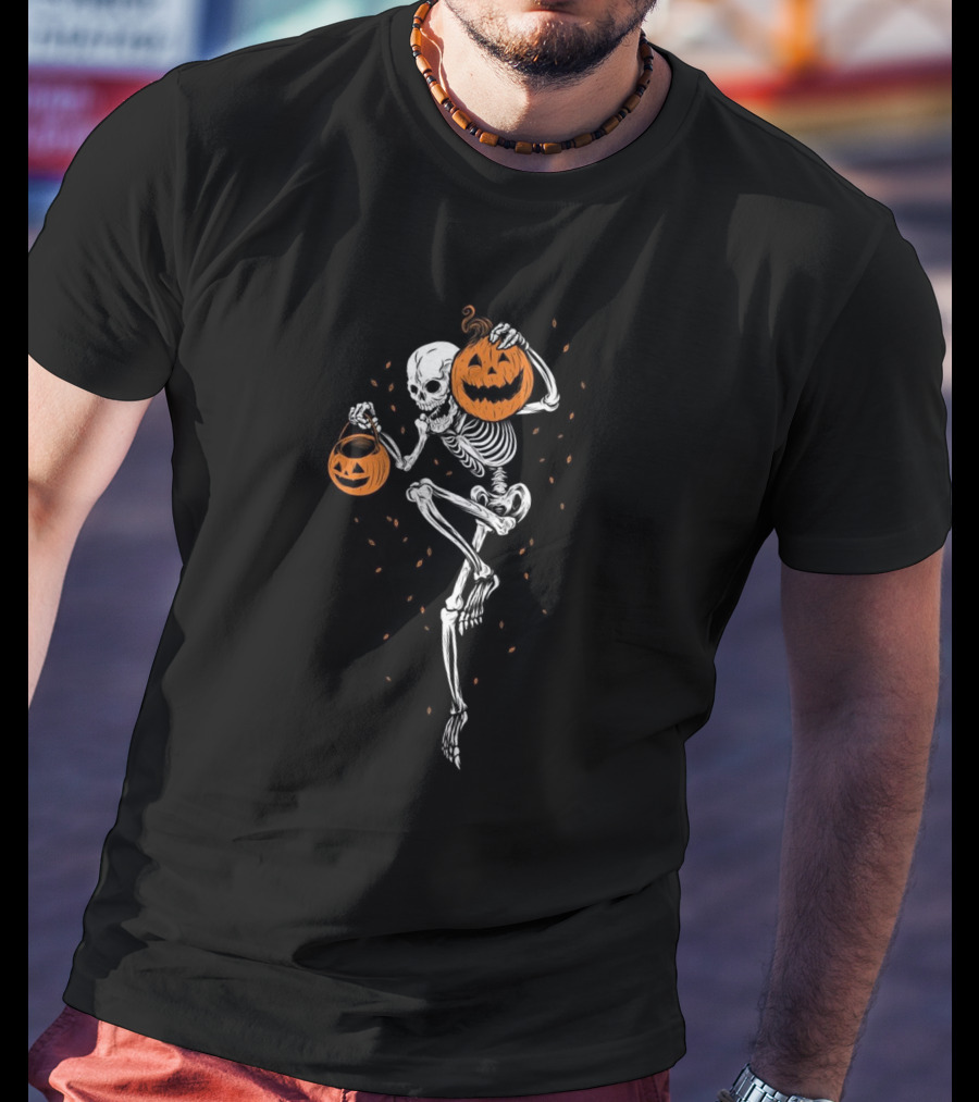 Skeleton Dancing With Pumpkins Halloween Fun T-Shirt