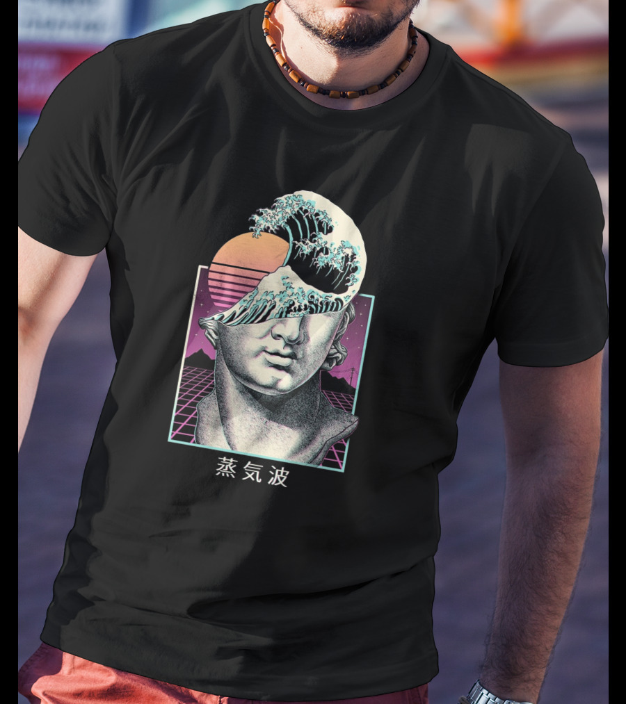 Great Vaporwave Retro Sunset Wave Head Japanese Kanji T-Shirt