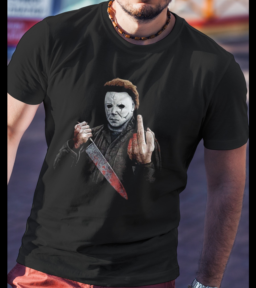 Halloween Michael Myers Holding Bloody Knife And Middle Finger Gesture T-Shirt
