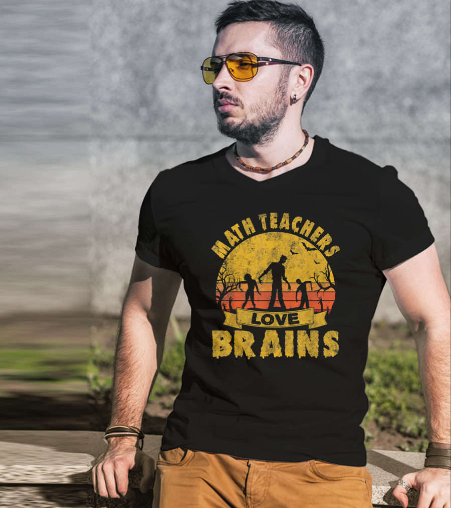Math Teachers Love Brains Zombie Apocalypse Retro Sunset T-Shirt