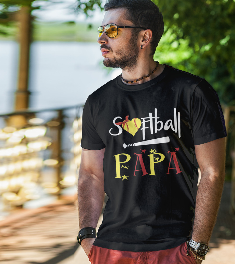 Softball Papa Heart Bat Stars T-Shirt