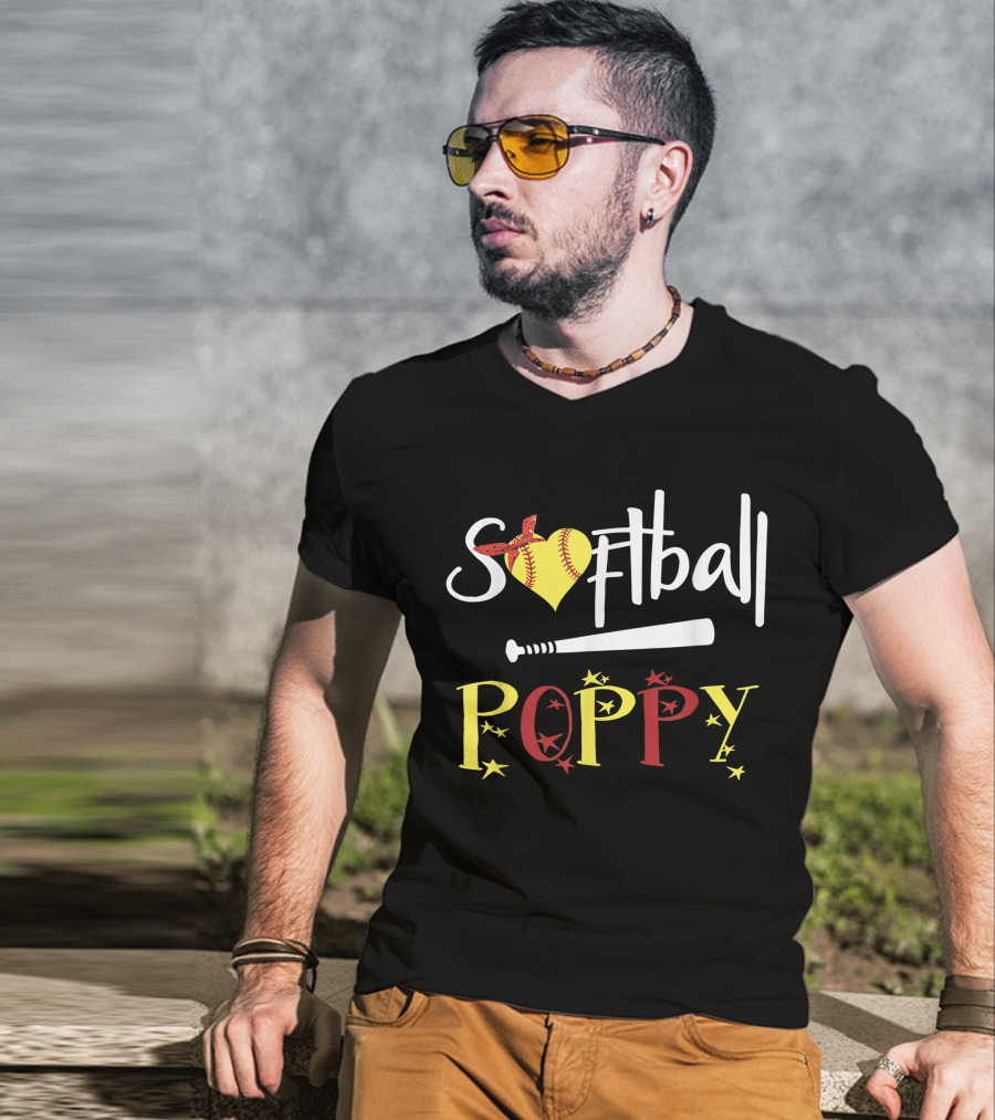 Softball Heart Bat Poppy Stars T-Shirt