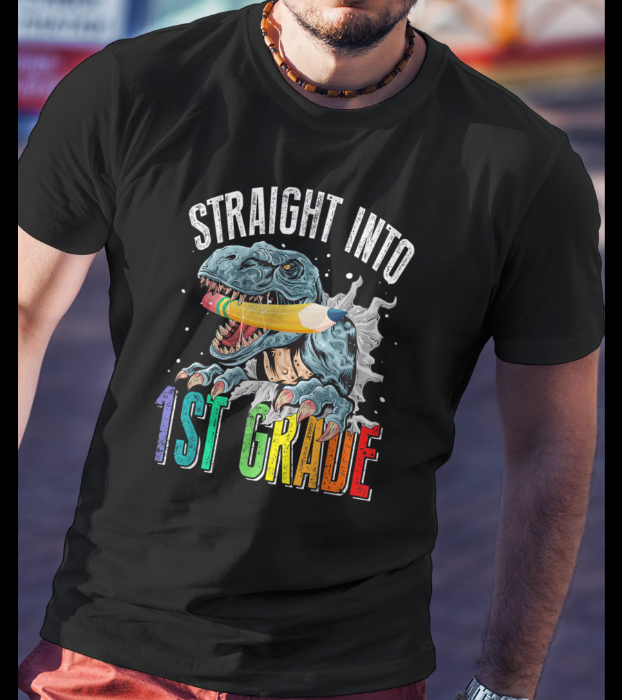 Straight Into 1st Grade Dinosaur Pencil Graphic Back To School T-Shirt
