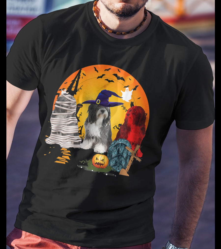 Tibetan Terrier Dog Family Of Three Halloween Spooky Scene With Witch Hat And Pumpkin T-Shirt