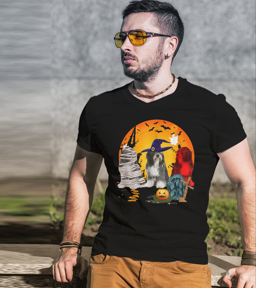 Tibetan Terrier Dog Family Of Three Halloween Spooky Scene With Witch Hat And Pumpkin T-Shirt