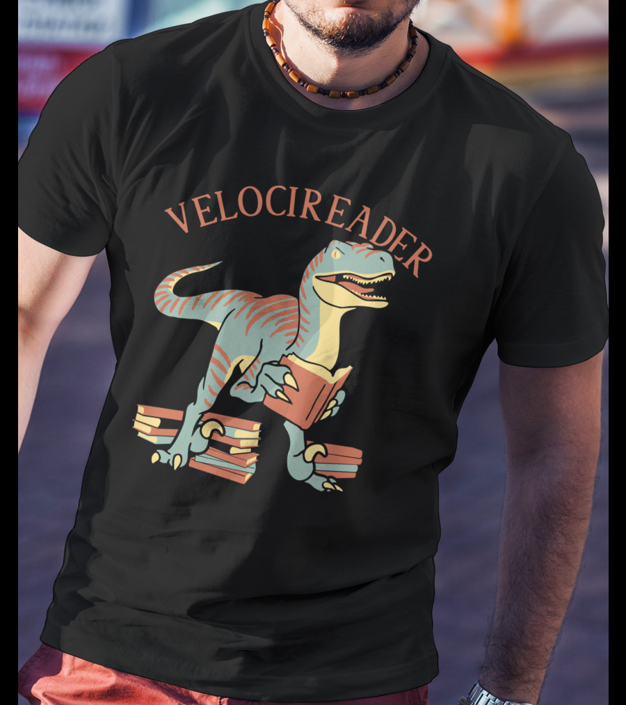 VELOCIREADER Dinosaur Reading Book With Stacked Books T-Shirt