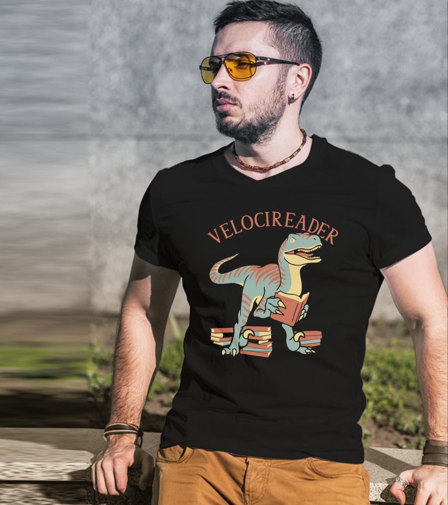 VELOCIREADER Dinosaur Reading Book With Stacked Books T-Shirt