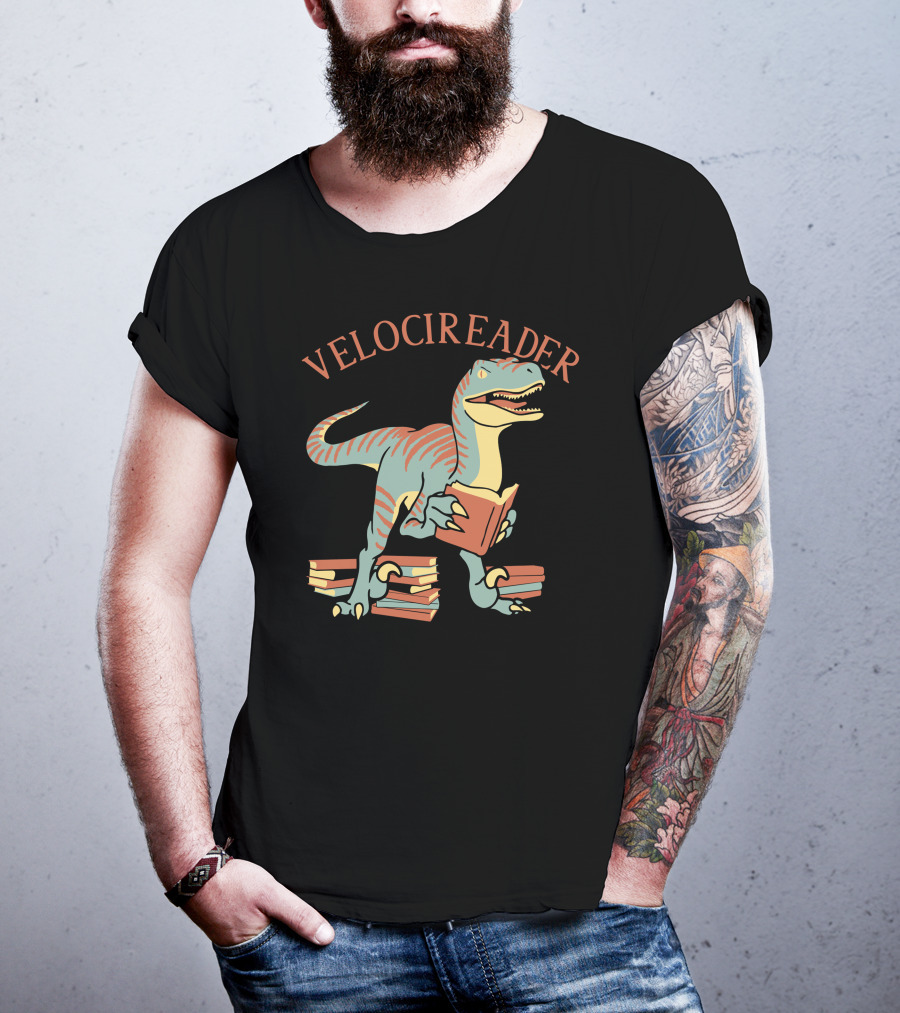VELOCIREADER Dinosaur Reading Book With Stacked Books T-Shirt