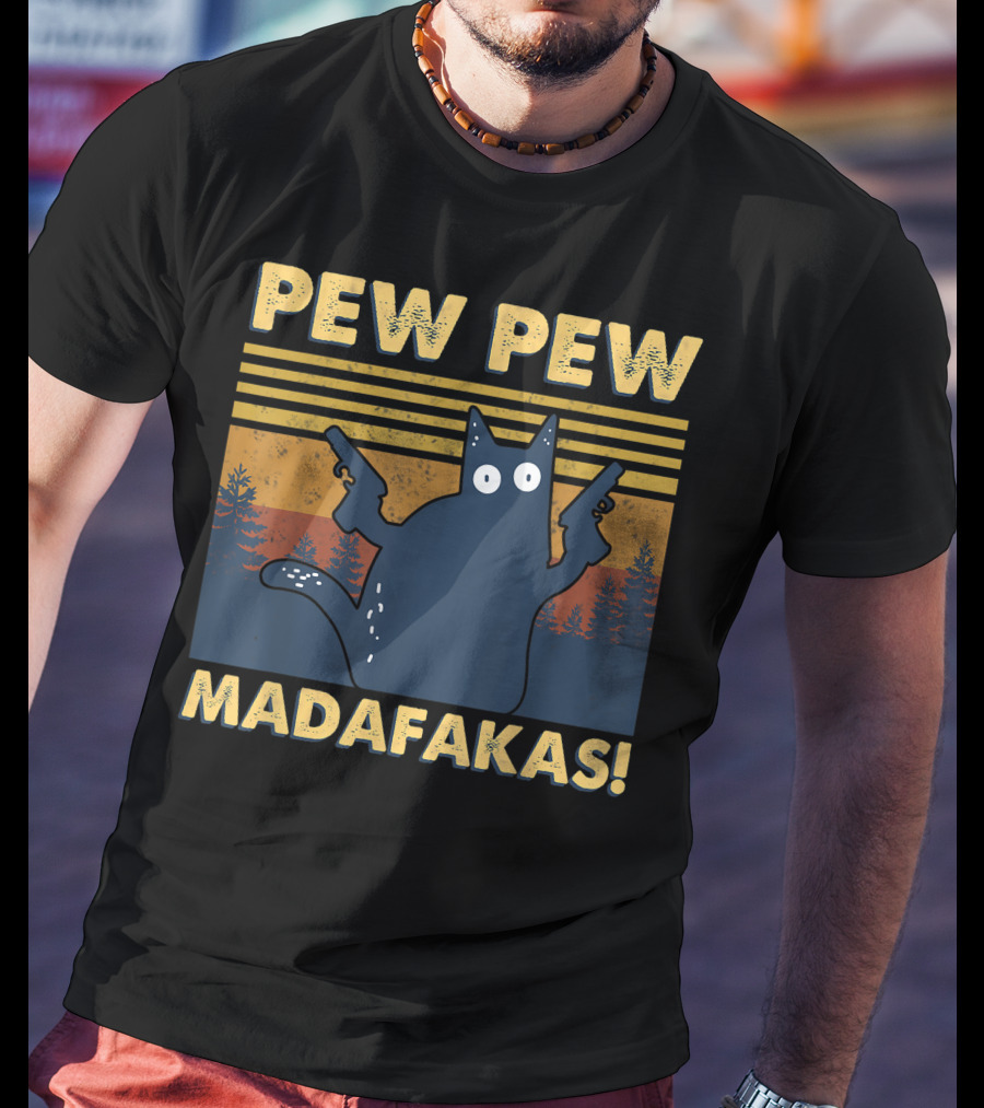 Pew Pew Madafakas Cat Retro Gun-Wielding Forest T-Shirt
