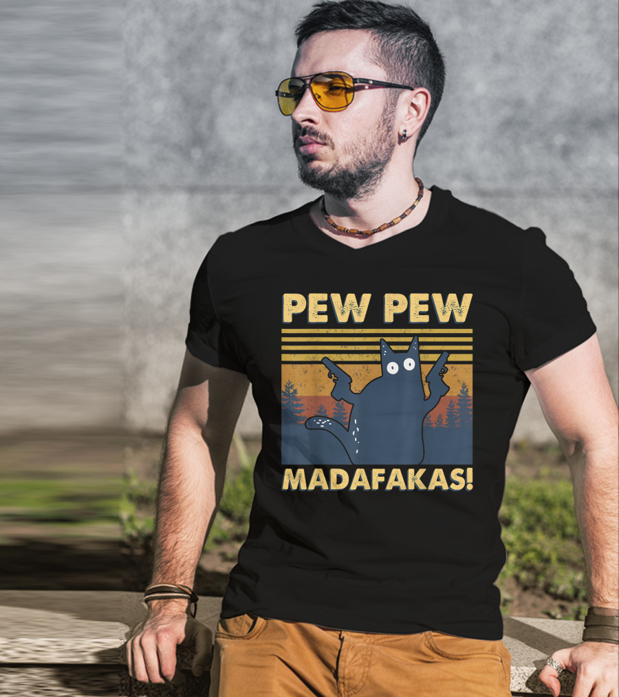 Pew Pew Madafakas Cat Retro Gun-Wielding Forest T-Shirt