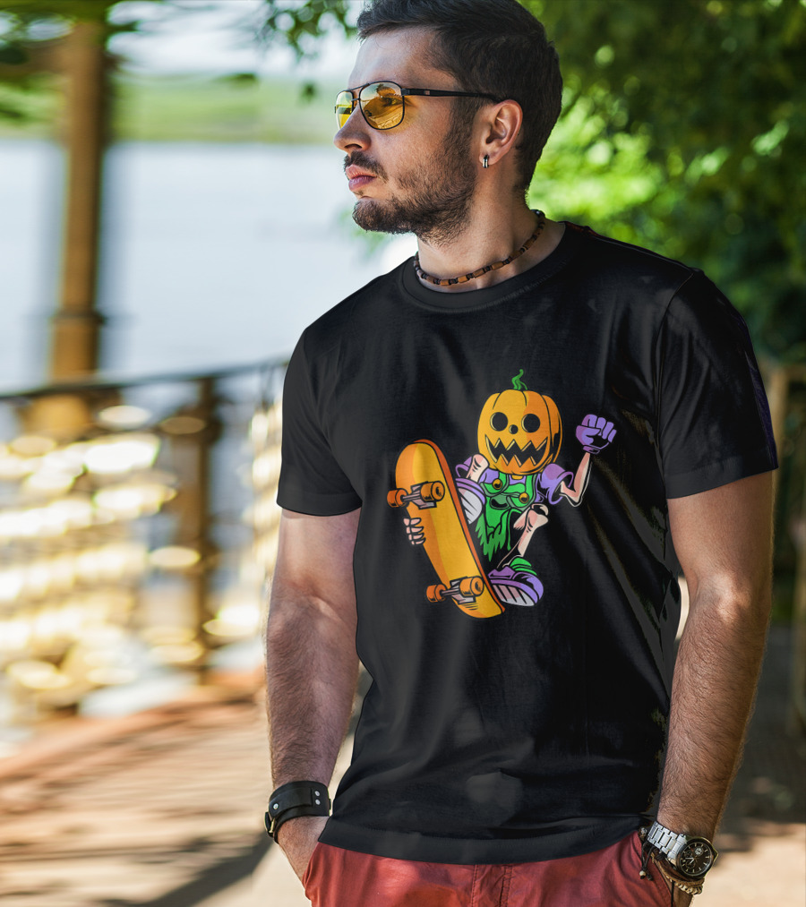 Pumpkin Head Trick Skateboarding With Halloween T-Shirt