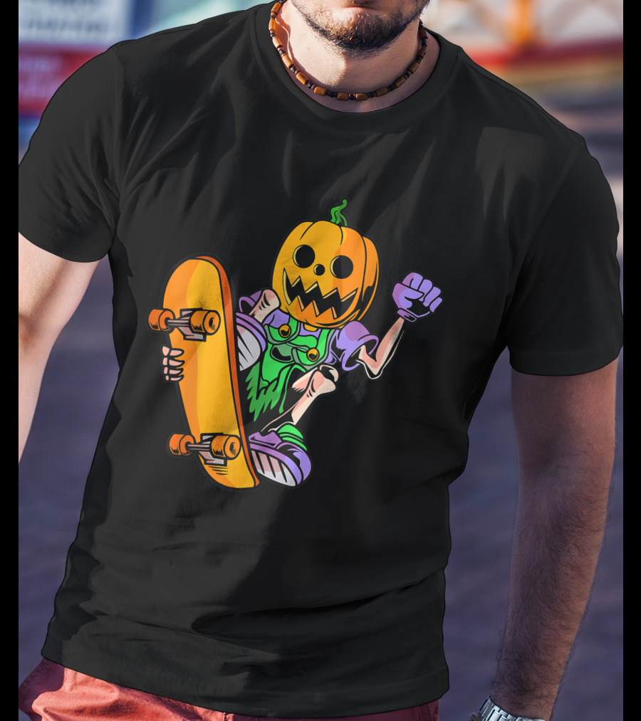 Pumpkin Head Trick Skateboarding With Halloween T-Shirt
