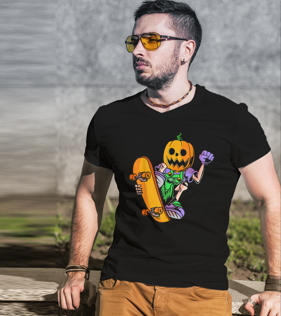 Pumpkin Head Trick Skateboarding With Halloween T-Shirt
