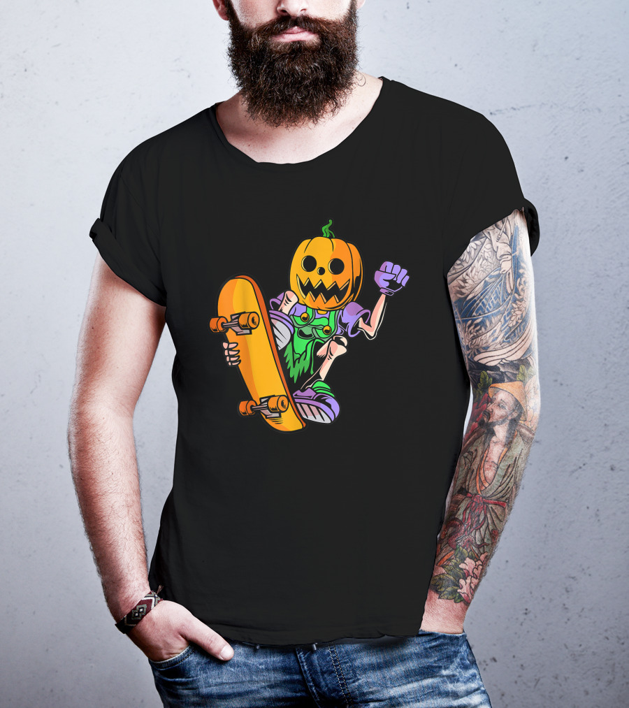 Pumpkin Head Trick Skateboarding With Halloween T-Shirt