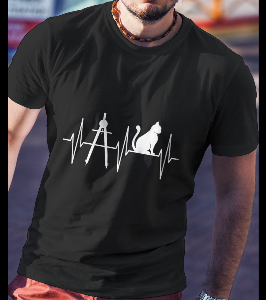 Cat Lover Architectural Compass Heartbeat T-Shirt