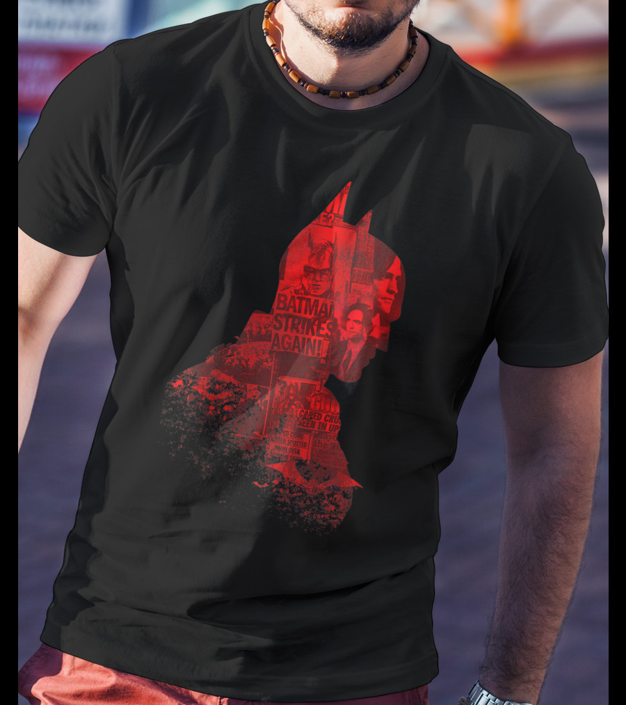Batman Strikes Again Silhouette Collage Newspaper Headlines T-Shirt
