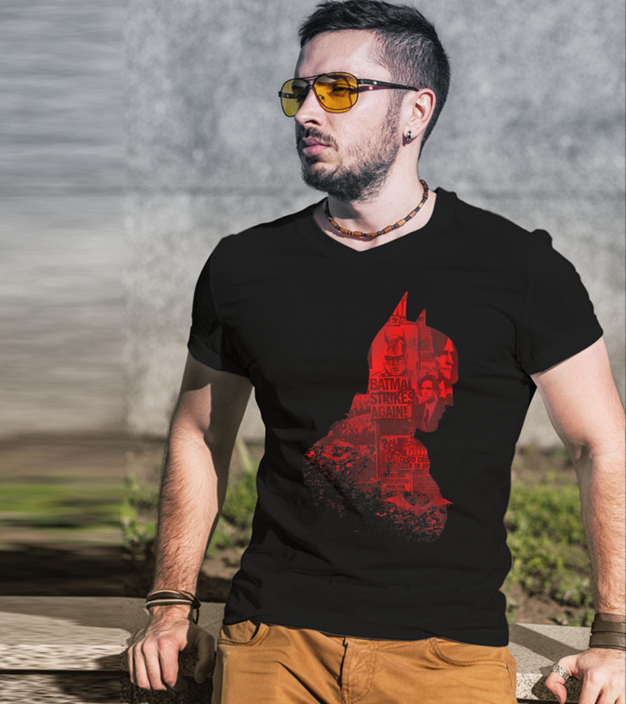 Batman Strikes Again Silhouette Collage Newspaper Headlines T-Shirt